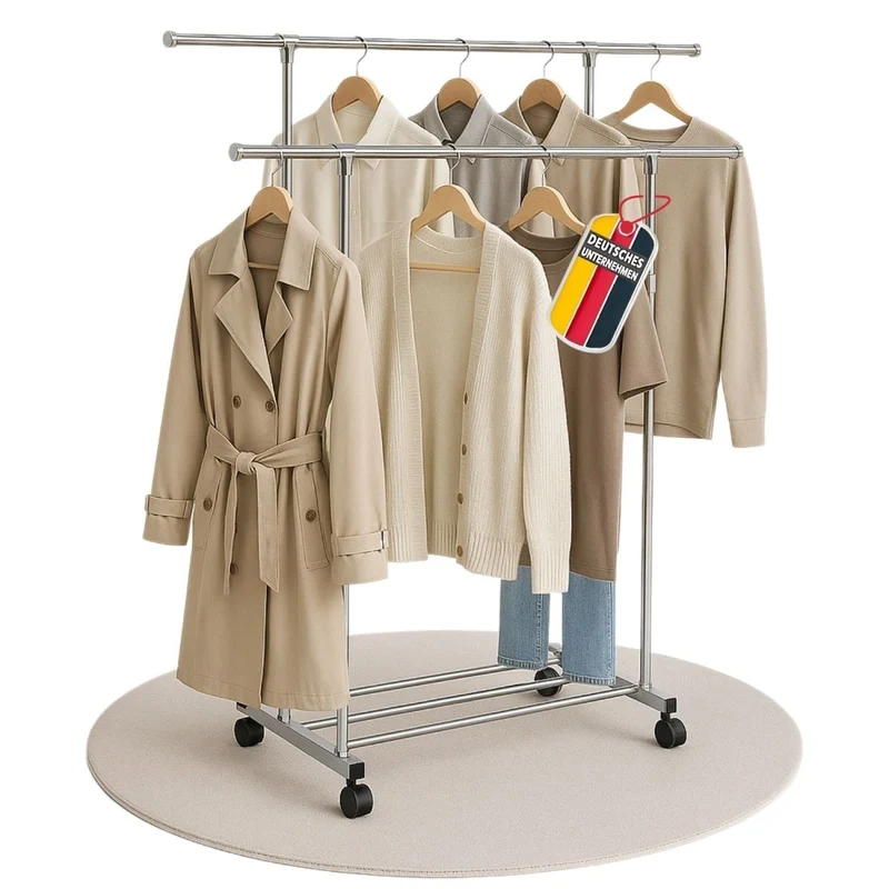 Coemo Rollbarer Kleiderständer – 160 x 42 x 162 cm, mit 2 ausziehbaren Stangen, 4 Rollen