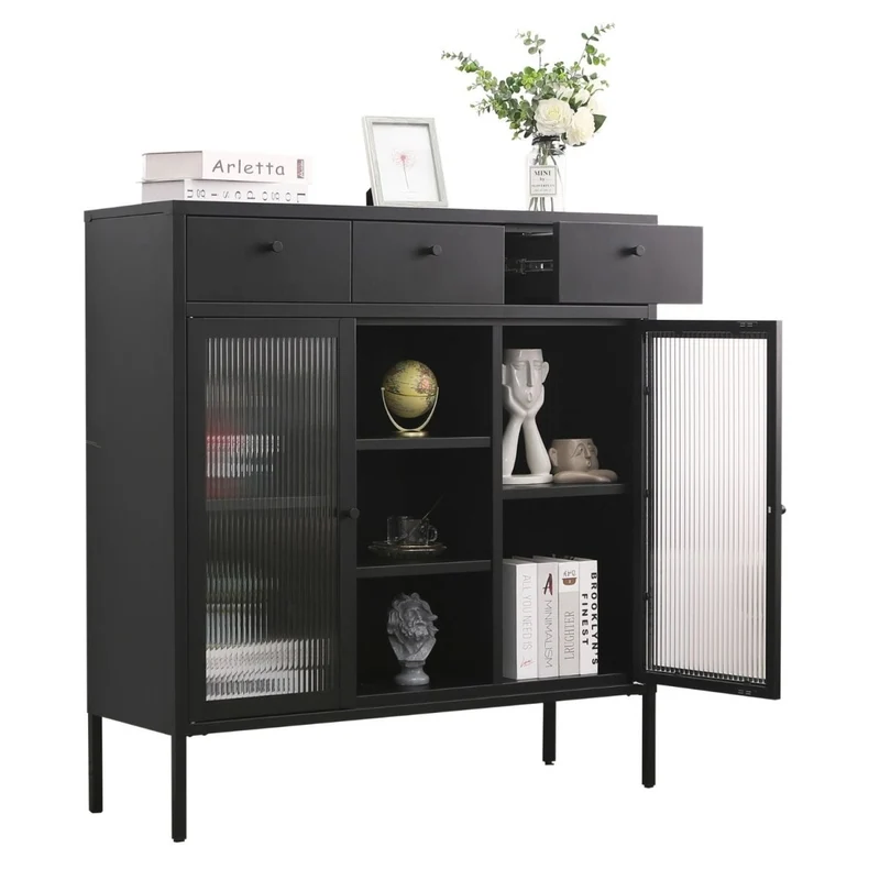 Mein-Regal Kommode Paris aus Metall mit 3 Schubladen, 3 Fächern und Glastüren