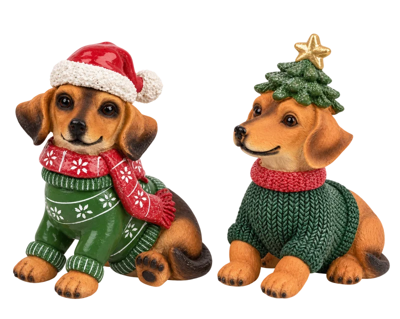 Weihnachtsfiguren Hunde Flocki und Tanne 2er Set 14 cm