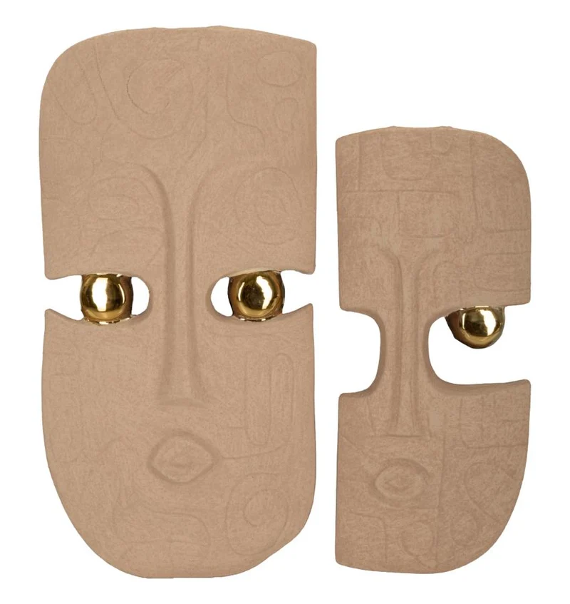 Dakar Masken Wanddeko 2er Set Keramik Beige Gold
