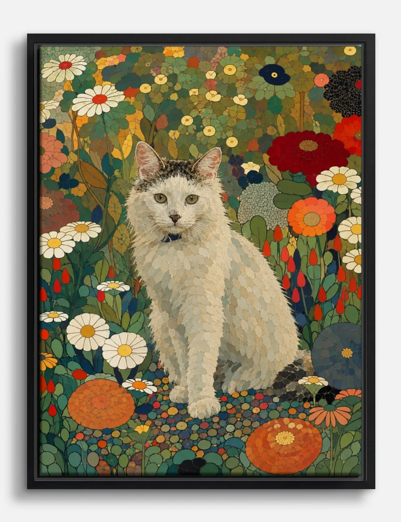 Mosaic Cat in a Flower Garden Canvas Print