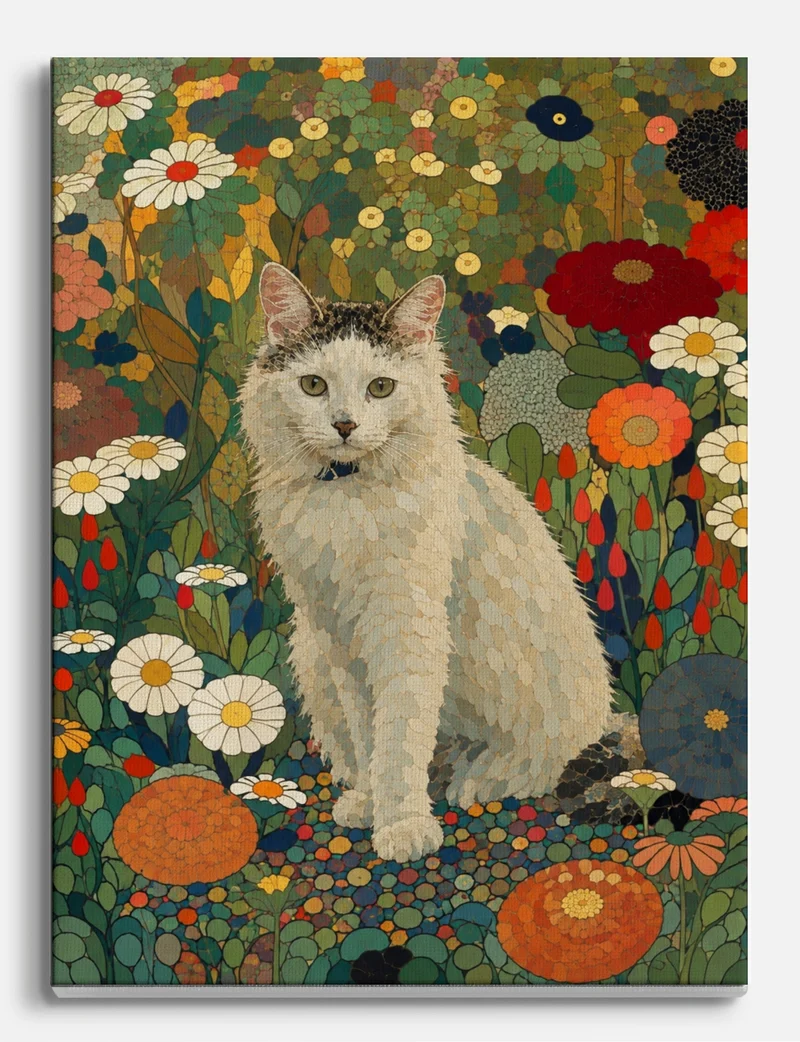 Mosaic Cat in a Flower Garden Canvas Print