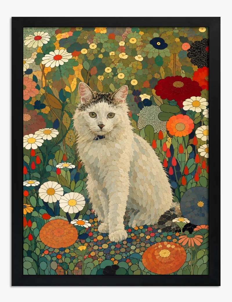 Mosaic Cat in a Flower Garden Art Print