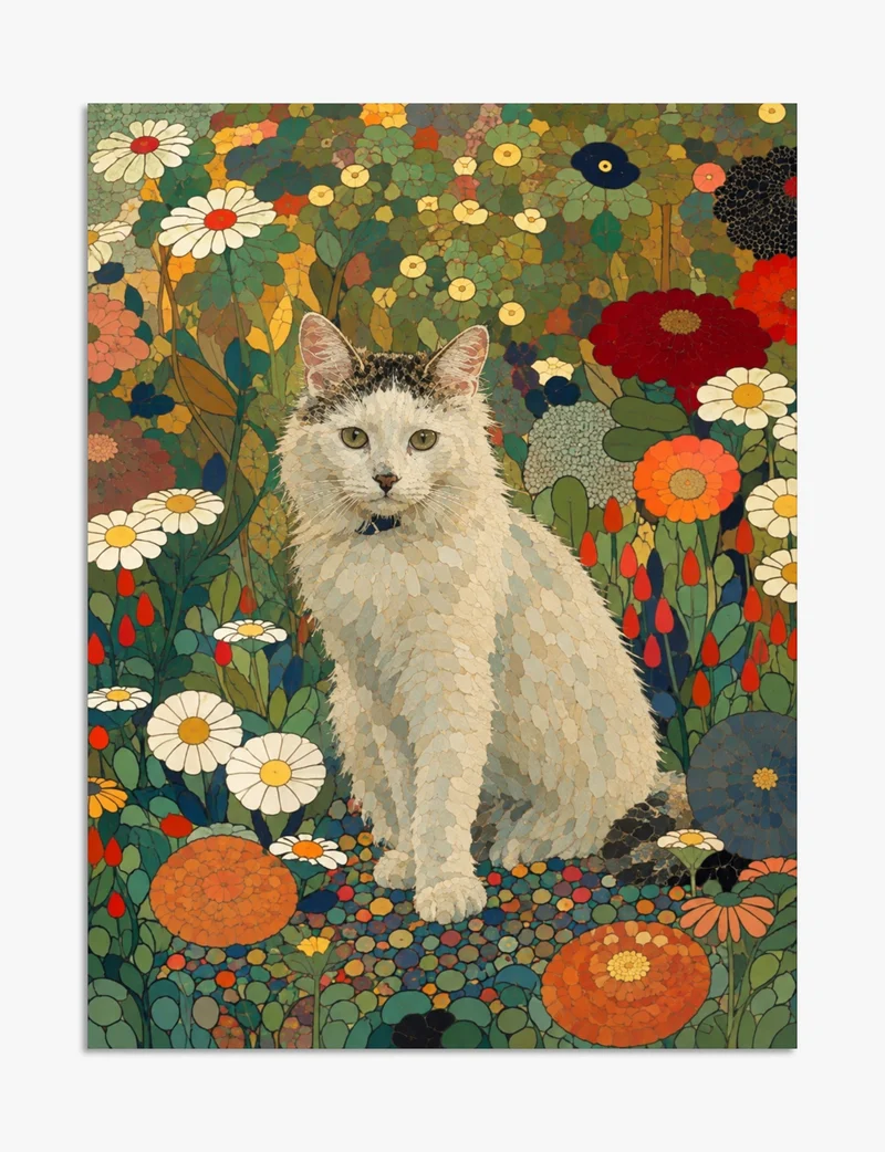 Mosaic Cat in a Flower Garden Art Print