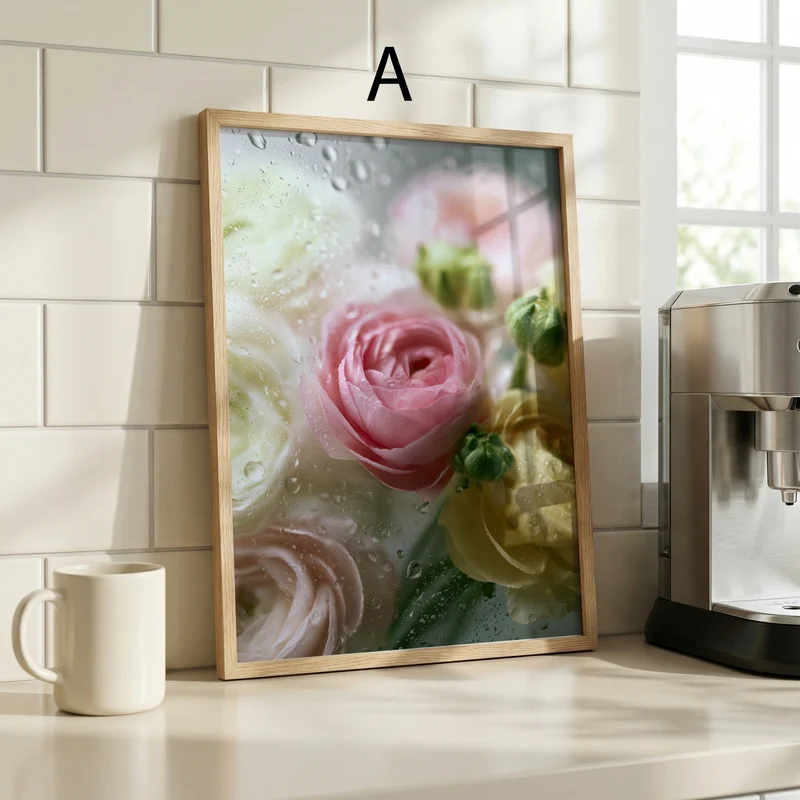 Blumen Poster · Geschenkidee · Rosen Ranunkeln hinter nassem Glas · Dekoprint ohne Rahmen