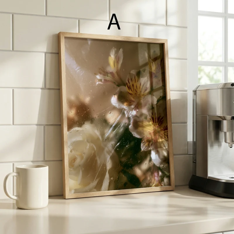 Blumen Poster · Geschenkidee · Blumen hinter Glas und Wassertropfen Poster Ästhetische Natur Fotografie · Dekoprint ohne Rahmen