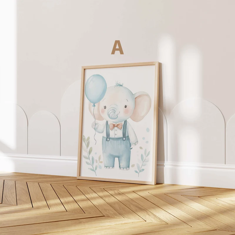 Niedliches Elefanten Kinderzimmer Poster · Aquarell Elefant mit Ballon · Babyzimmer Wanddeko · Pastell Tierillustration · Print ohne Rahmen