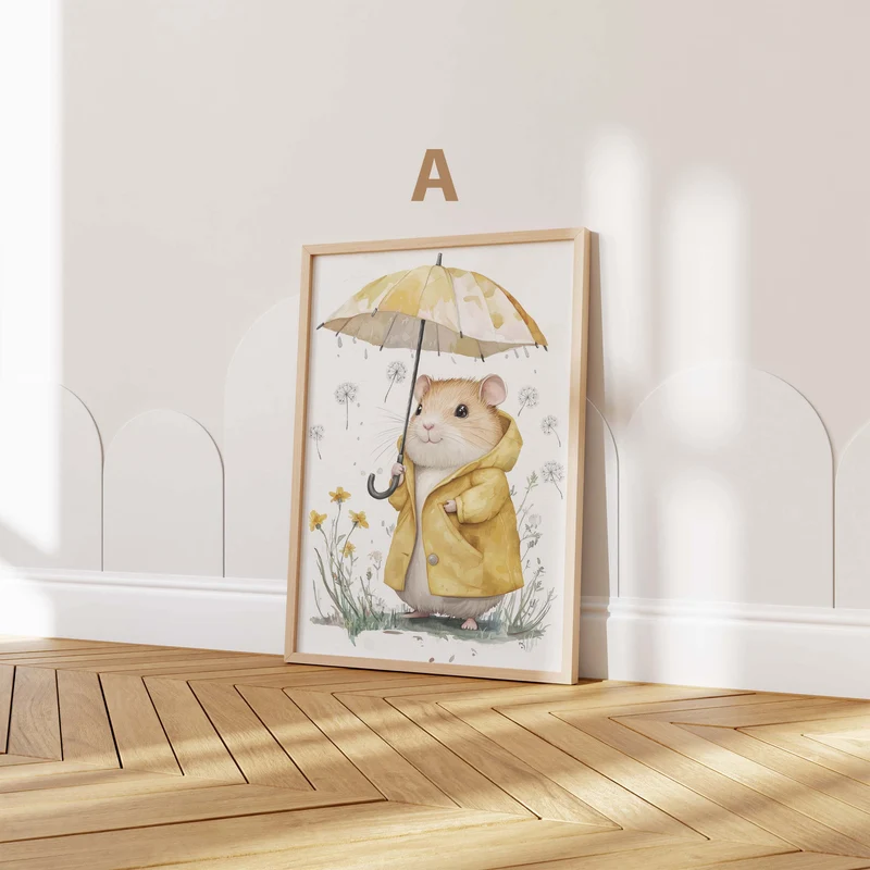 Süßer Regen Tag Tier Poster · Geschenkidee · Aquarell Waldtier Illustration mit Regenschirm · Kinderzimmer Wanddeko · Print ohne Rahmen