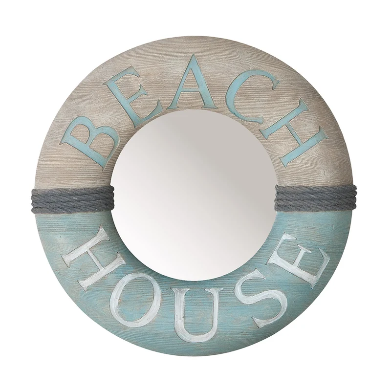 Wandspiegel Beach House Maritim rund in Holzoptik mit Seil
