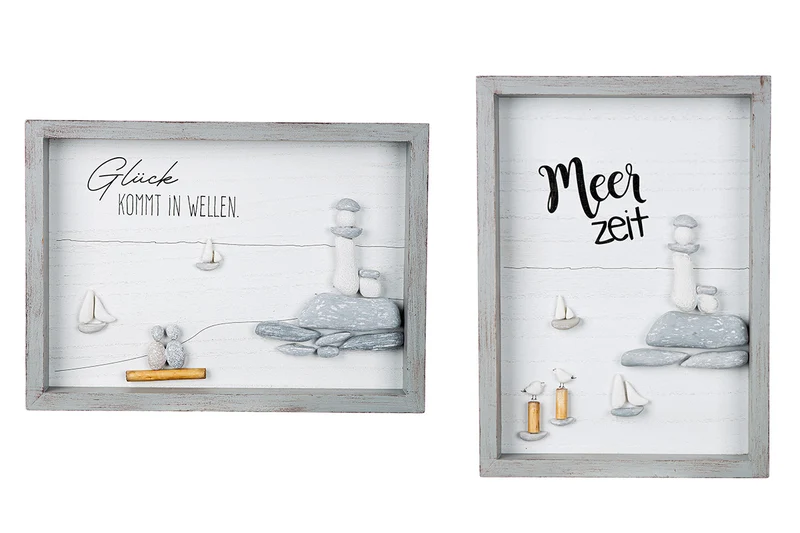Meerzeit Wandbild 2er Set maritim Spruch grau 33x24 cm