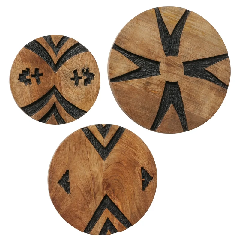 Wanddeko Holz Dalane Mangoholz Rund Geometrisches Wandobjekt Boho Ethno 3er Set