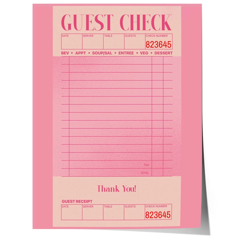 Guest Check Poster · Pink Vintage Receipt Design · Minimal Typographic Wall Art · Restaurant Aesthetic Print · Moderne Wandkunst · Print ohne Rahmen