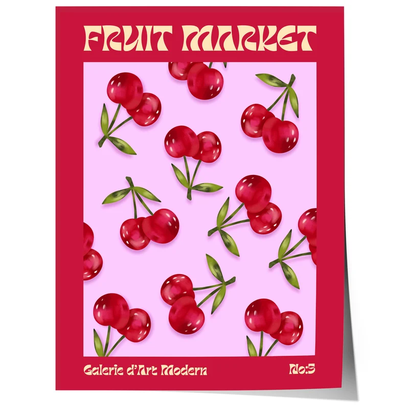 Fruit Market Poster · Cherry Pattern Artwork · Retro Modern Illustration · Minimal Pop Art Design · Moderne Wandkunst · Print ohne Rahmen