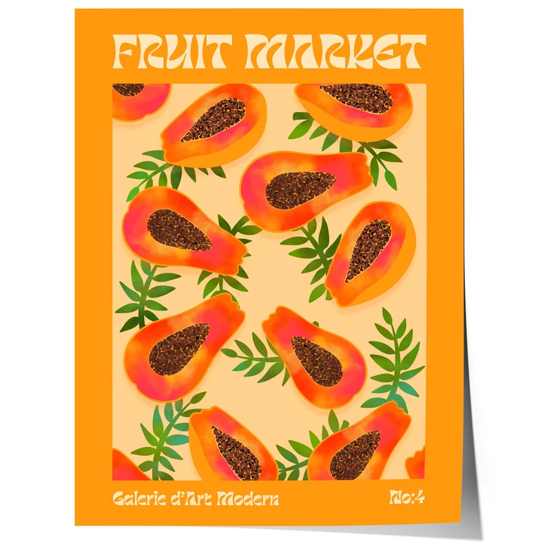 Fruit Market Poster · Papaya Pattern Artwork · Tropical Retro Illustration · Minimal Pop Art Design · Moderne Wandkunst · Print ohne Rahmen