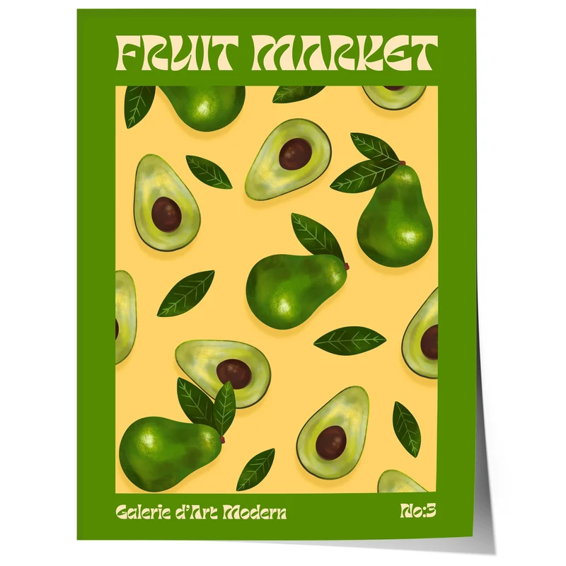 Fruit Market Poster · Avocado Pattern Artwork · Retro Modern Illustration · Minimal Pop Art Design · Moderne Wandkunst · Print ohne Rahmen