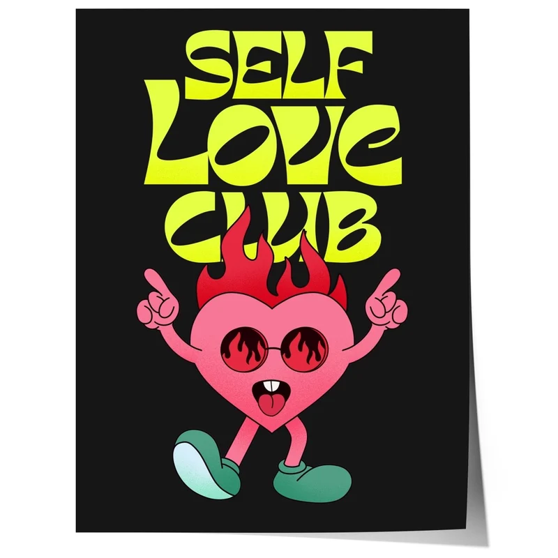 Self Love Club Poster · Flaming Herz Charakter Illustration Poster · Retro Pop Art Typografie · Print ohne Rahmen