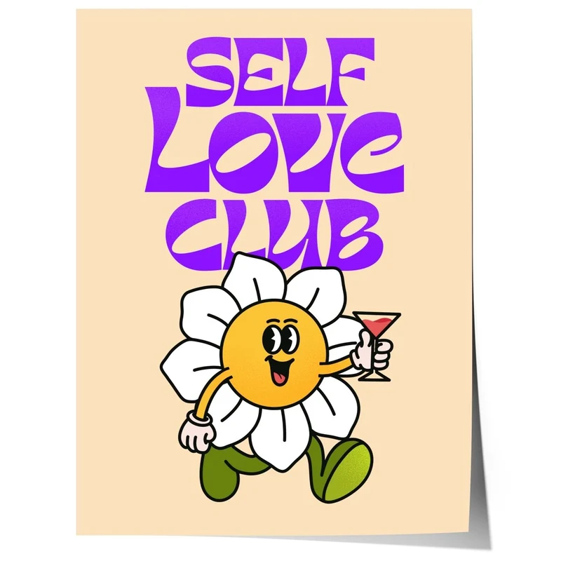 Self Love Club Poster · Retro Blumen Charakter Illustration Poster · Verspielte Pop Art Typografie · Print ohne Rahmen