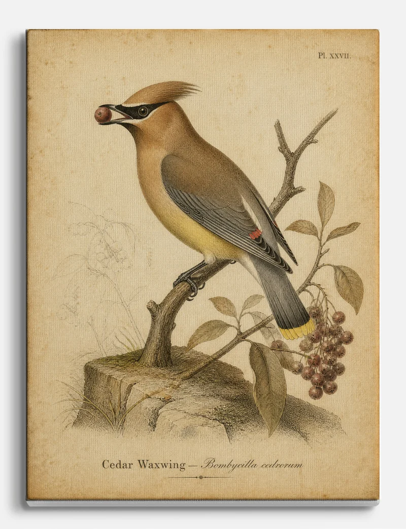Cedar Waxwing Antique Bird Plate Canvas Print