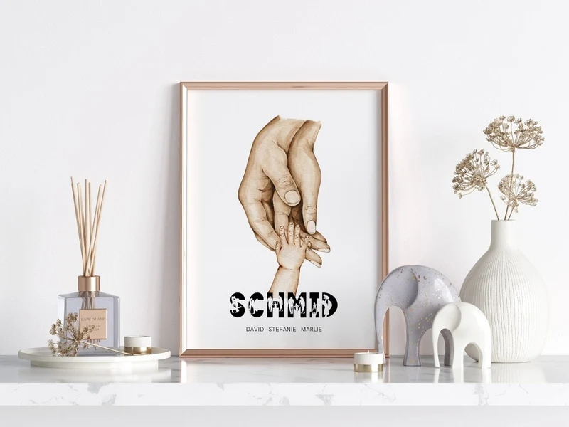 Familienposter Hände mit Namen · Personalisiertes Familienbild · Geschenk für Familie · Dekoprint ohne Rahmen