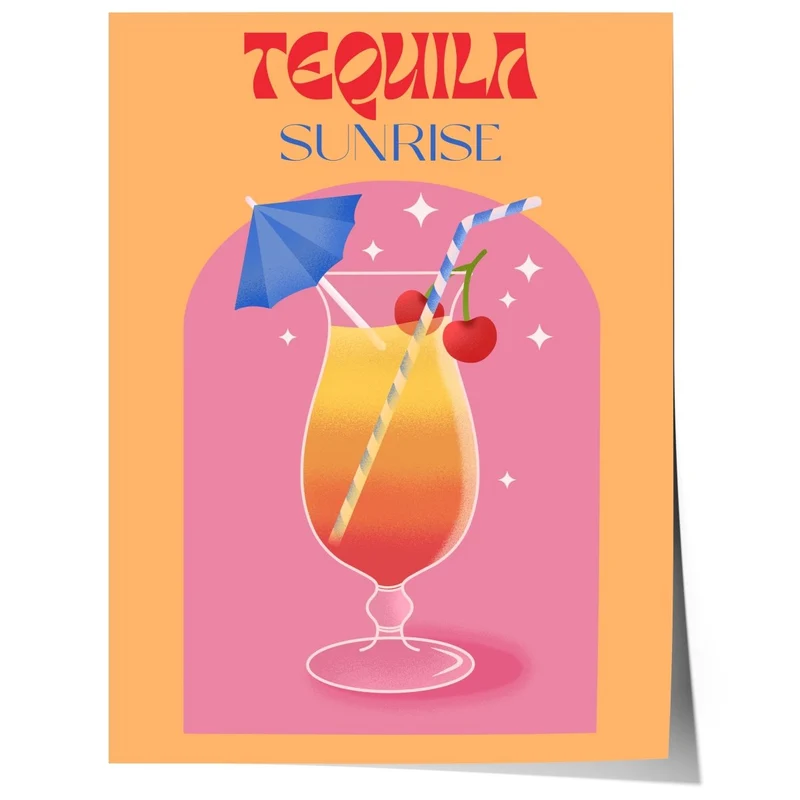Tequila Sunrise Poster · Retro Cocktail Illustration · Pop Art Stil in Warmen Farben · Print ohne Rahmen
