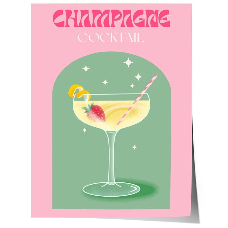 Champagne Cocktail Poster · Retro Drink Illustration · Pop Art Stil in Pastellfarben · Print ohne Rahmen