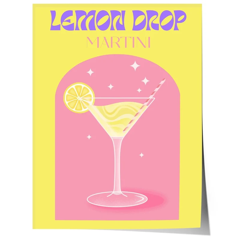 Lemon Drop Martini Poster · Retro Cocktail Illustration · Pop Art Stil in Pastellfarben · Print ohne Rahmen
