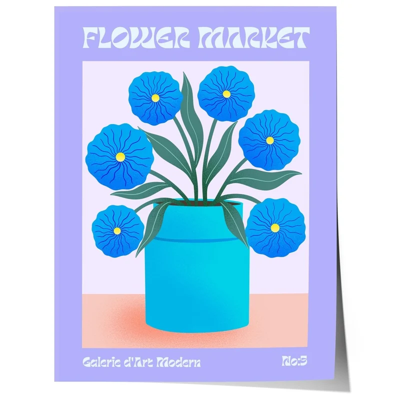 Flower Market Poster · Blaue Retro Blumen Vase · Mid Century Moderne Illustration · Print ohne Rahmen