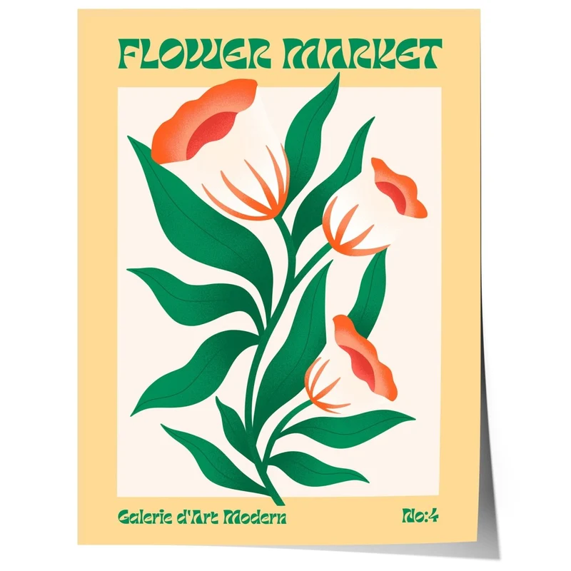 Flower Market Poster · Grüne Retro Blumen · Mid Century Moderne Illustration · Print ohne Rahmen