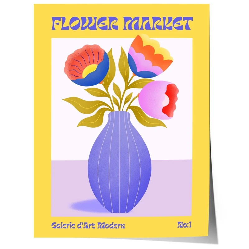 Flower Market Poster · Bunte Retro Blumen Vase · Mid Century Moderne Illustration · Print ohne Rahmen