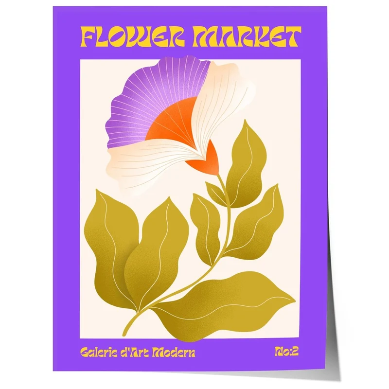 Flower Market Poster · Lila Retro Blume · Mid Century Moderne Illustration · Print ohne Rahmen