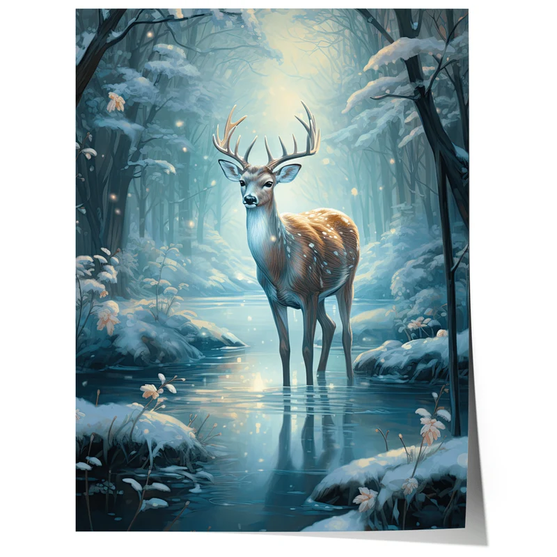 Hirsch Winter Poster · Geschenkidee für Weihnachtsliebhaber · Magischer Wald Schnee Hirsch · Dekoprint ohne Rahmen
