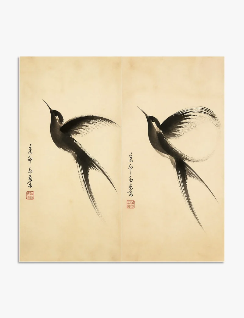 Ink Brush Birds in Flight Art Print