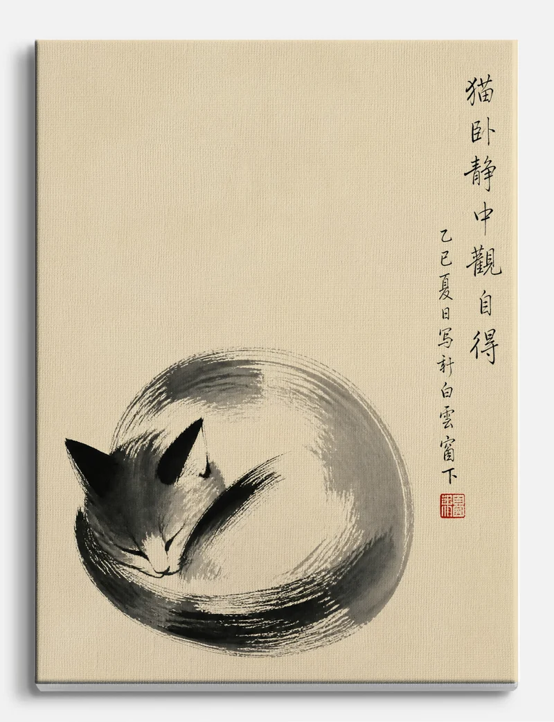 Sleeping Cat Ink Circle Canvas Print