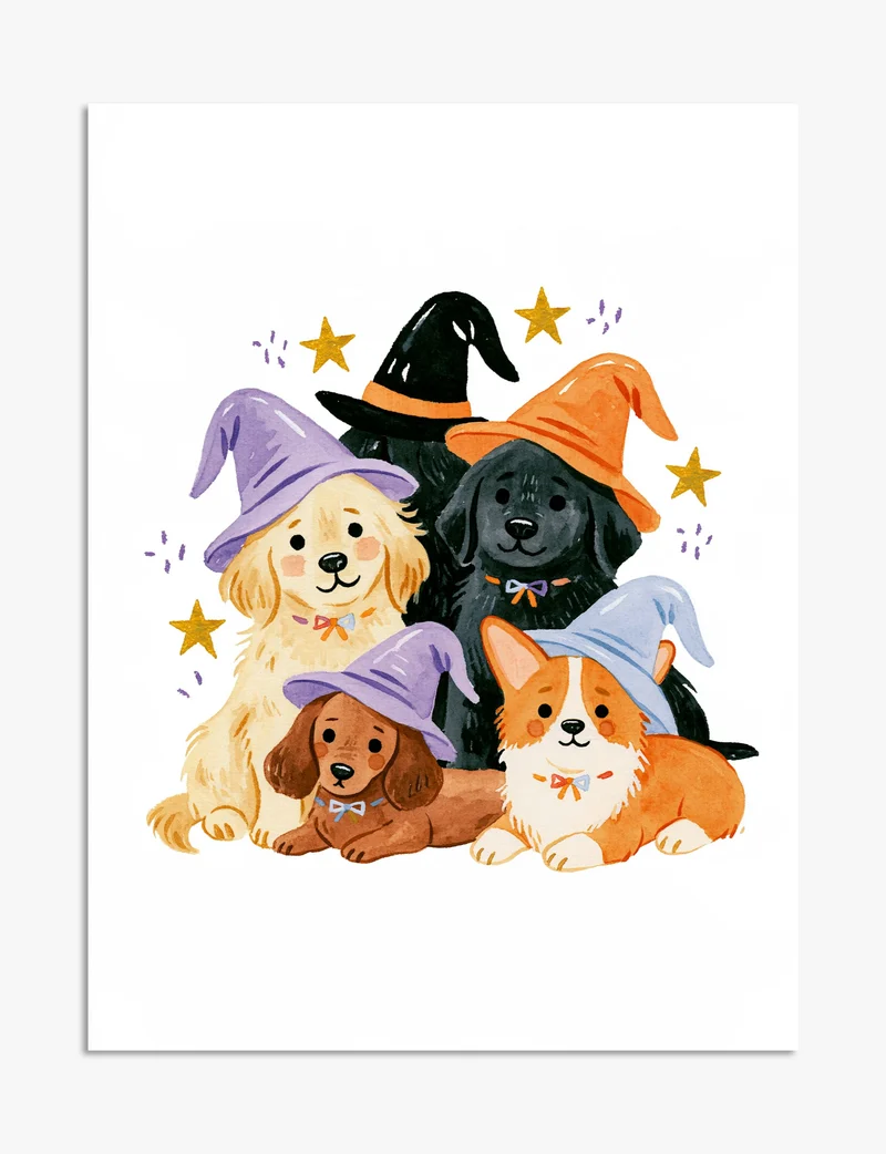 Halloween Puppies in Witch Hats Art Print