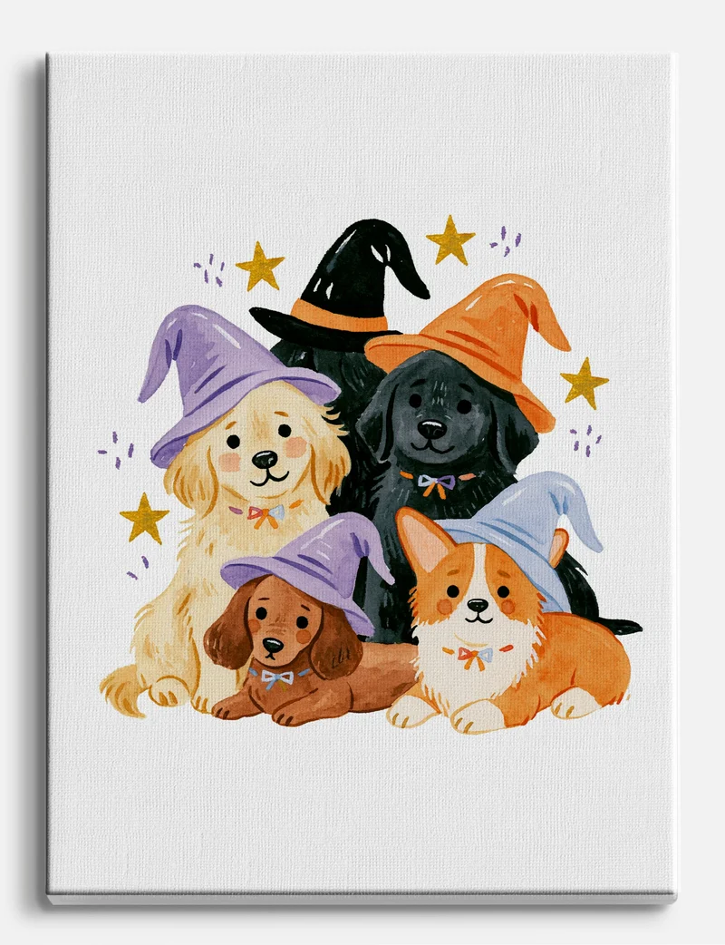 Halloween Puppies in Witch Hats Canvas Print