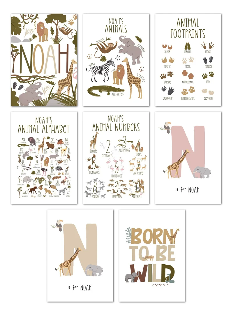 Poster Kinderzimmer Dschungel Tiere · Name Personalisiert · Kinderzimmer Bilder · Wand Deko · Kunst Druck · Deko Print · ohne Rahmen