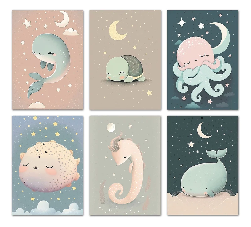 Poster Kinderzimmer Meeres Tiere · Kinderzimmer Bilder · Wand Deko · Kunst Druck · Deko Print · ohne Rahmen