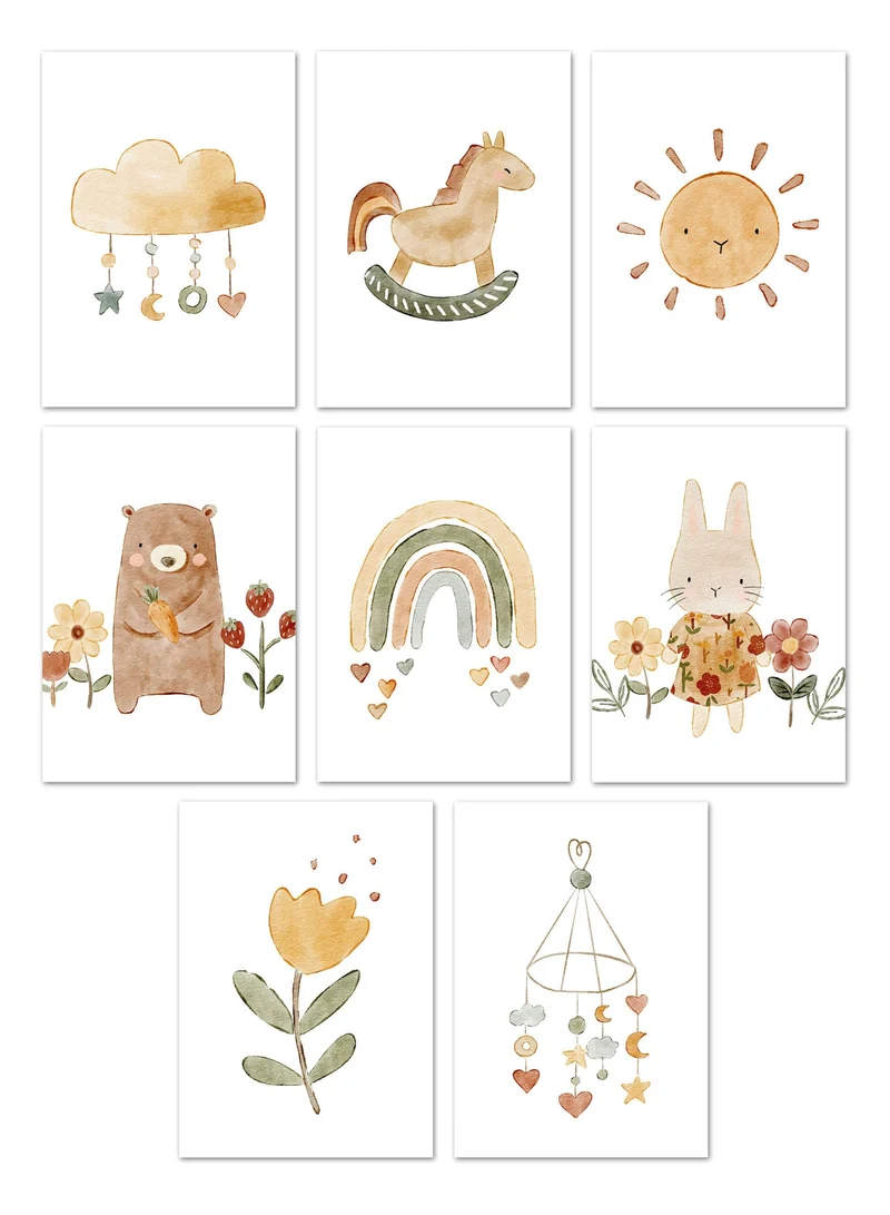 Poster Kinderzimmer Tiere Sonne Regenbogen · Kinderzimmer Bilder · Wand Deko · Kunst Druck · Deko Print · ohne Rahmen