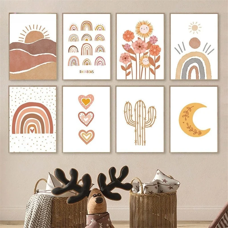 Poster Kinderzimmer Regenbogen Sonne Berge Kaktus Herz · Kinderzimmer Bilder · Wand Deko · Kunst Druck · Deko Print · ohne Rahmen