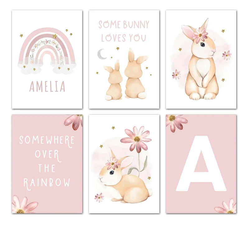 Poster Kinderzimmer Regenbogen Hase Name Personalisiert Rosa · Kinderzimmer Bilder · Wand Deko · Kunst Druck · Deko Print · ohne Rahmen