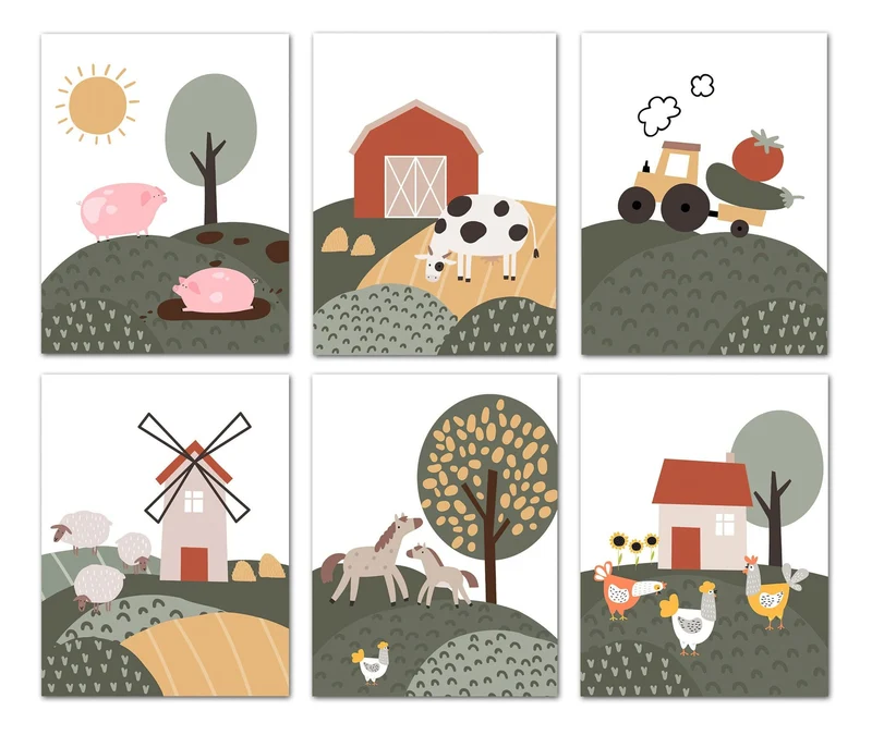 Poster Kinderzimmer Bauernhof Bauer Tiere Kuh Schwein Pferd Hahn · Kinderzimmer Bilder · Wand Deko · Kunst Druck · Deko Print · ohne Rahmen