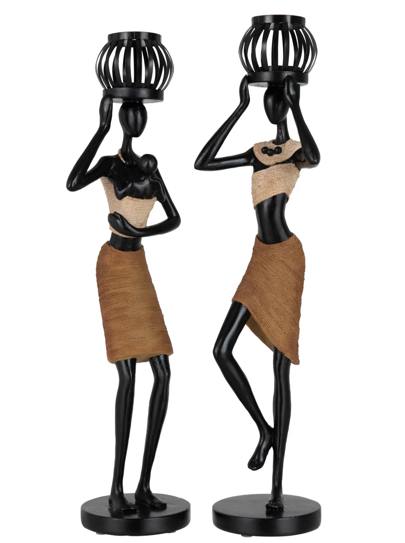 Teelichthalter 2er Set Zahara Afrikanische Frauenfiguren Ethno Stil Schwarz Braun
