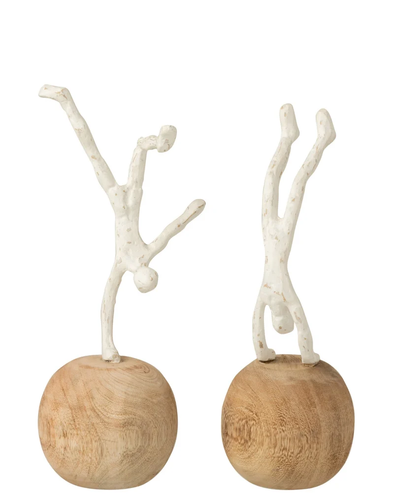 2er Set Moderne Kunst aus Naturmaterialien Figur Auf Händen Dünn Auf Fuß Poly/Mangoholz Naturell/Weiß