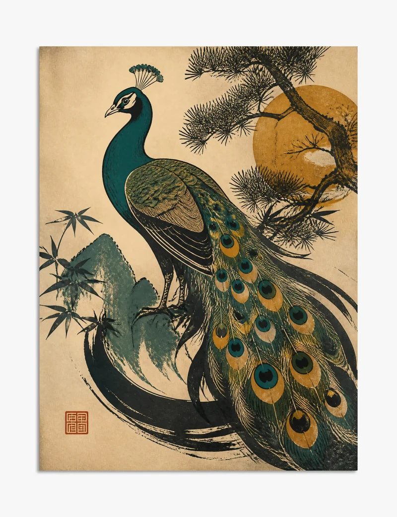Peacock, Pine and Golden Moon Art Print