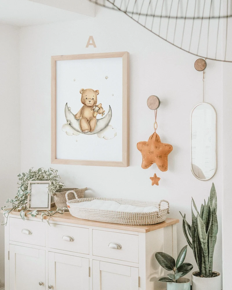 Poster Kinderzimmer Bilder · Geschenkidee für Kinder · Teddy Bären Flugzeug Pilot Mond Wolken· Deko Print ohne Rahmen