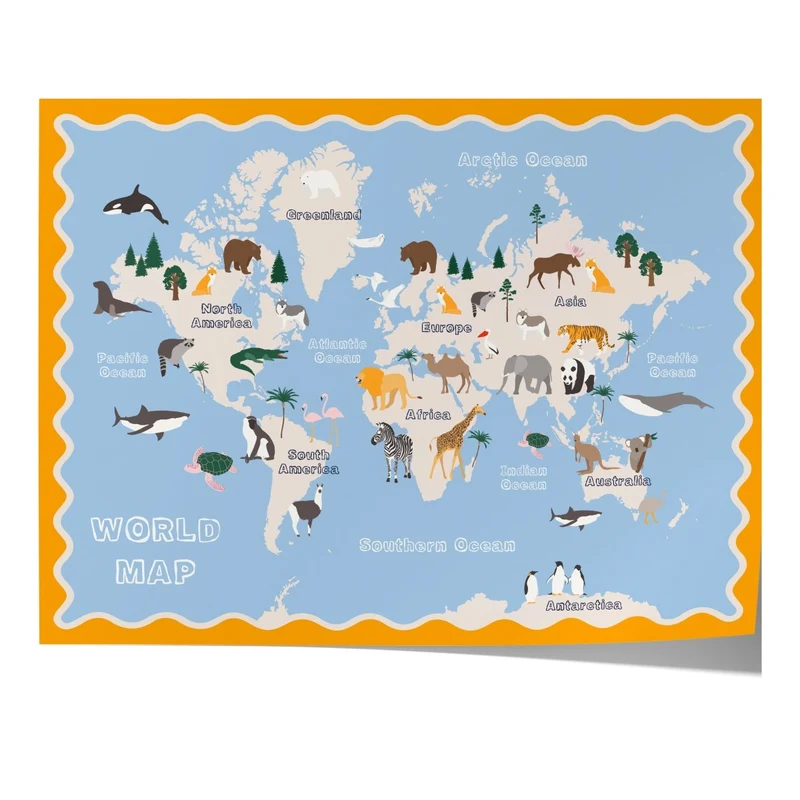 Poster Kinderzimmer Weltkarte · Tiere der Welt für Kinder · Lernposter mit Kontinenten & Ozeanen · Pädagogische Deko · Print ohne Rahmen