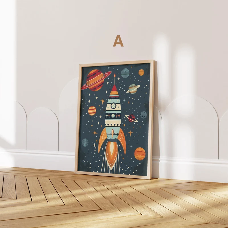 Astronaut Poster Kinderzimmer · Geschenkidee für Kinder · Kinderzimmer Deko · Weltraum Rakete & Planeten · Deko Print ohne Rahmen