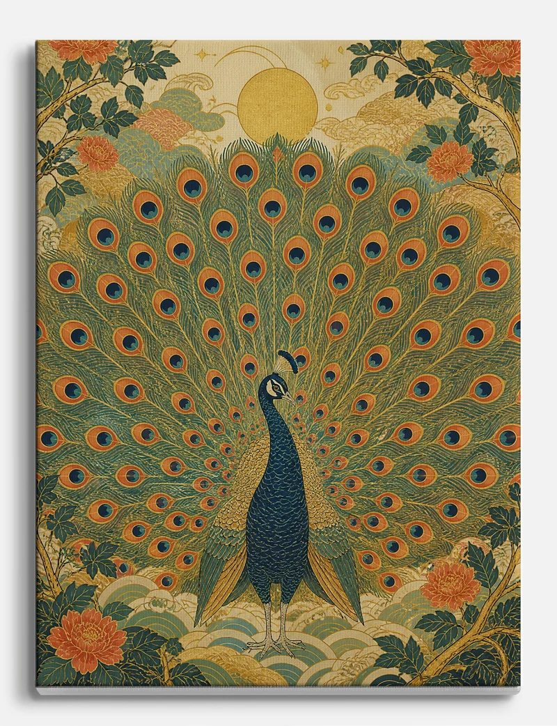 Golden Peacock and Peonies Canvas Print