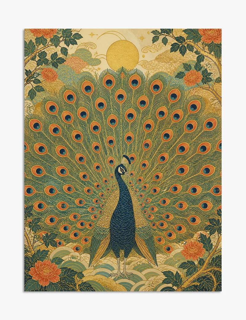 Golden Peacock and Peonies Art Print