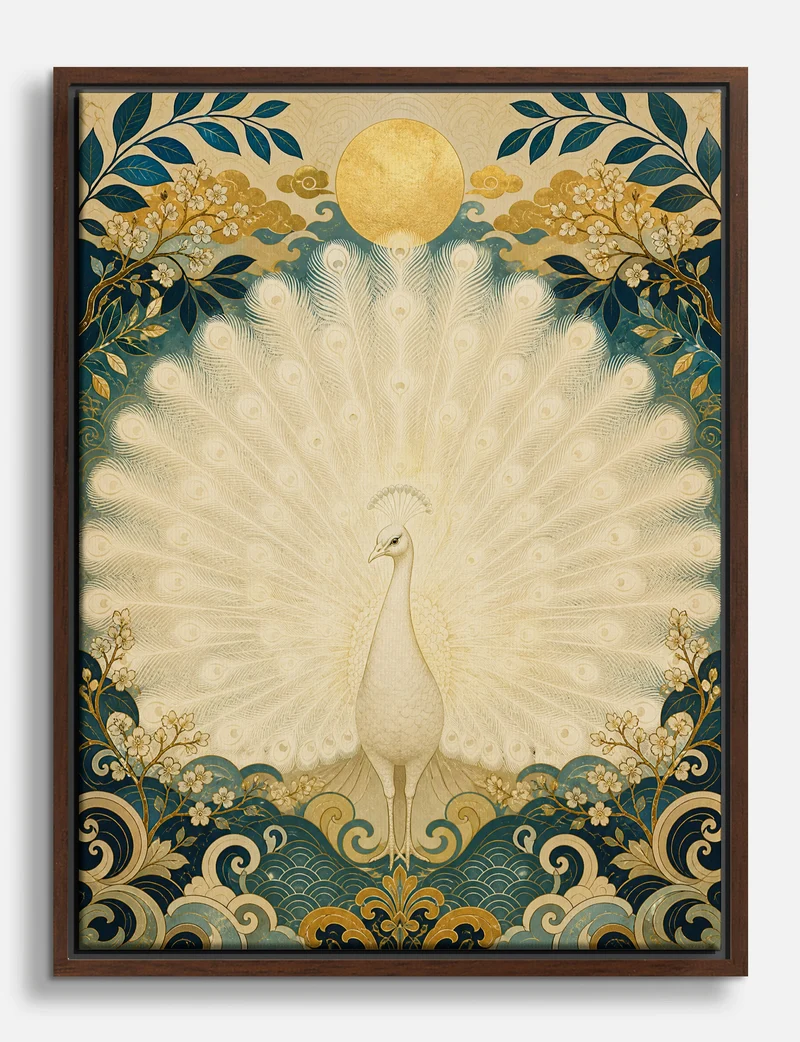 White Peacock and Golden Sun Canvas Print
